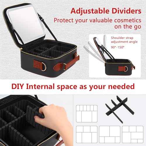 Travel Makeup Bag with Mirror of LED Lighted, Rechargeable Cosmetic Train Case Artist Makeup Organizer for Women with Adjustable Dividers, Makeup Brushes Holder and Strap (CosMirr-Black02)