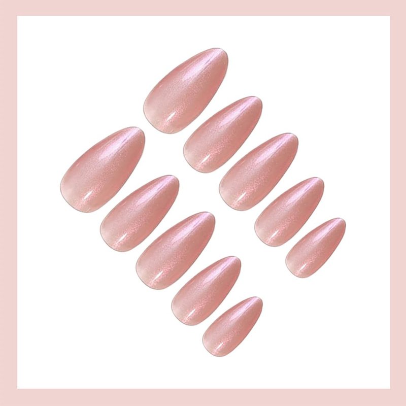 Skiennix 24Pcs Almond Press On Nails - Glossy Pearlescent Pink | Reusable Medium Length Acrylic Set for Weddings & Parties
