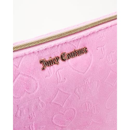 Juicy Couture Pink Makeup Bag Cosmetics Organizer Travel Essentials Zip Top Wedge Velour Heart Crown