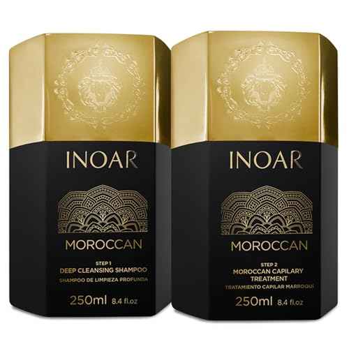 Inoar Moroccan Keratin Smoothing Treatment Set, Deep Cleansing Shampoo & Smoothing Treatment with White Clay & Cocoa Oil, 8.4 fl oz Each