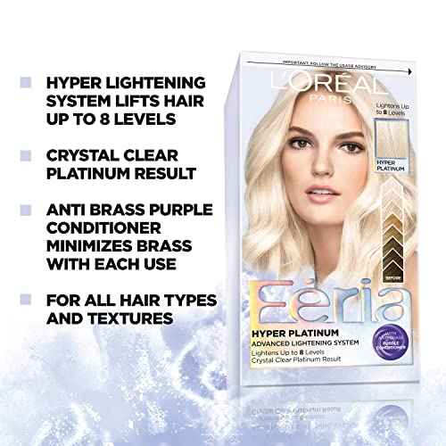 L¡¯Oreal Paris Feria Hyper Platinum Hair Bleach, Lifts Up To 8 Levels, Includes Anti Brass Purple Conditioner, Hyper Platinum Blonde Hair Dye Kit, Pack of 2