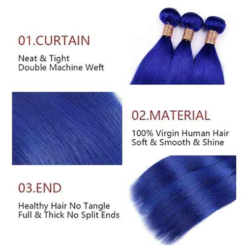 Blue Bundles Human Hair Pure Blue Straight 3 Bundles 18 20 22 inch Unprocessed Brazilian Virgin Human Hair Extensions 300g