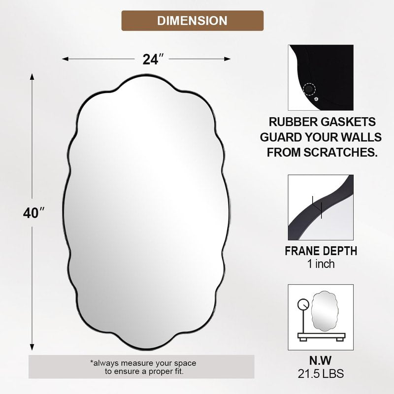 ANDY STAR Black Wavy Oval Mirrors for Bathroom, 24x40 Inch Wavy Scalloped Wall Mirror, Anti Rust Stainless Steel Metal Frame, Wall Mount Horizontal or Vertical