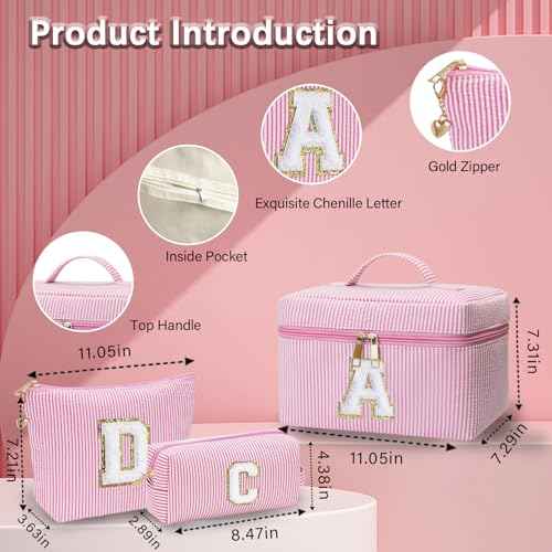 Personalized Monogram Makeup Bag, 3PCS Custom Monogrammed Toiletry Cosmetic Bag for 6-18 Teen Girls Women,Birthday Graduation Gifts Initial Pouch Makeup Bags for Women Girls, Make Up Bag (A, Pink)
