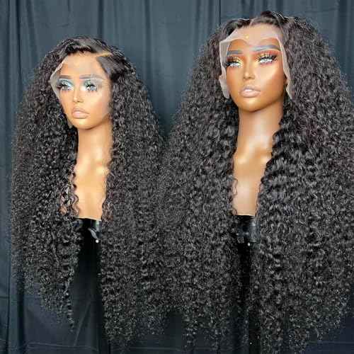 Caijuxing 30Inch Deep Wave Lace Front Wigs Human Hair 200 Density 13x4 HD Transparent Lace Frontal Wigs Human Hair Pre Plucked Curly Lace Front Wig Wigs for Black Women Natural Color