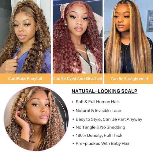 Highlight Ombre Lace Front Wig Human Hair 4/27 Honey Blonde Deep Wave Lace Front Wigs Human Hair 200% Density 13x6 HD Lace Front Wigs for Women Glueless Wigs Pre Plucked 26 inch
