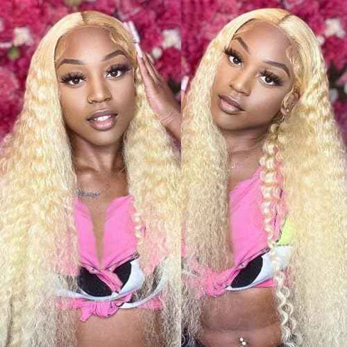 Belaved 28 Inch Wigs Human Hair Blonde Lace Front Deep Wave 613 Blonde 13x6 HD Transparent Curly Real Human Hair 180% Density Pre Plucked Glueless Lace Frontal Wig with Natural Hairline