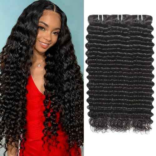 Deep Wave Human Hair Bundles 12A 18 20 22 Inch, 3 Bundle 100% Unprocessed Virgin Brazilian Human Hair Extensions Quick Weave Natural Black, Can be Dyed