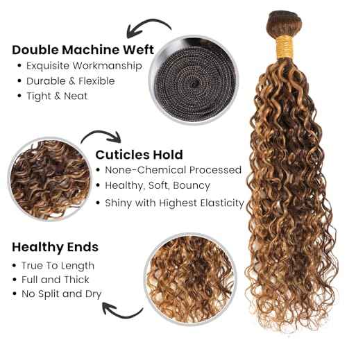 ALHER Honey Blonde Highlight Water Wave Bundles 24 Inch P4/27 Ombre Single Bundles Wet and Wavy Bundles Human Hair Highlight Brown Color 12A 100% Brazilian Virgin Remy Hair for Black Women Soft Thick