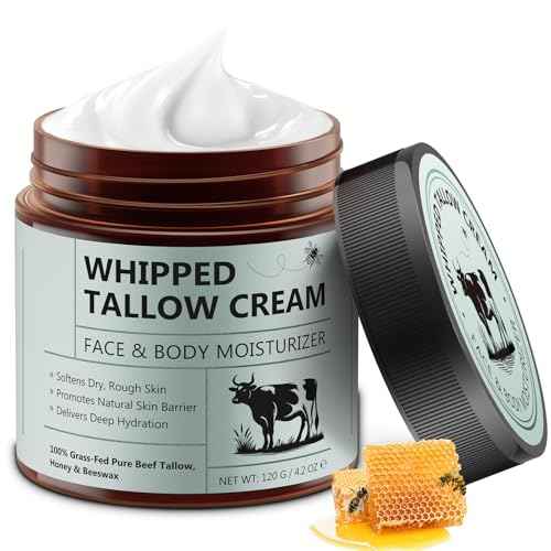Beef Tallow for Skin, Tallow and Honey Balm (4.2 Oz), Tallow Face Moisturizer, Organic Grass Fed Whipped Beef Tallow with Honey Beeswax, Deeply Moisturizing for Face & Body, Unscented Fast Absorption