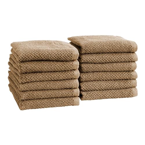 Great Bay Home Taupe Washcloth Set ? 100% Cotton 12-Pack 13"x13", Absorbent & Quick-Drying, Soft & Durable