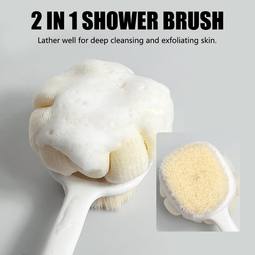Shower Body Brush Soft Bristles and Loofah Long Handle Back Scrubber Bath Mesh Sponge Skin Exfoliating Men and Women (Green)