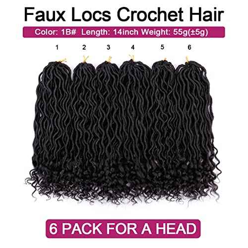 Goddess Locs Crochet Hair - 6 Packs 14 Inch Curly Faux Locs Crochet Hair For Black Women, Pre Looped Crochet Hair Wavy Faux Locs Synthetic Braids Hair Extensions(14Inch, 1B#)