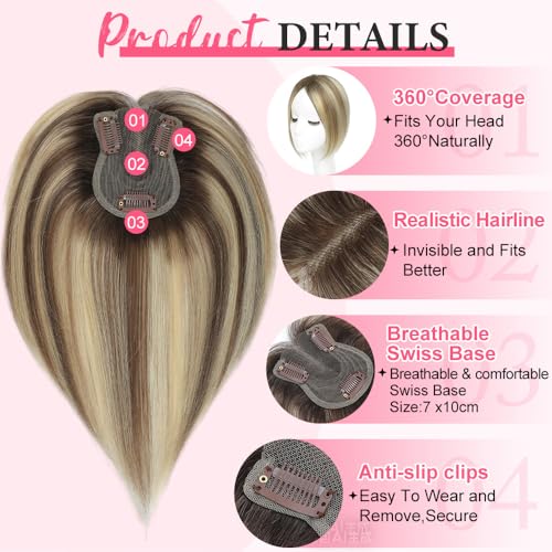 Hair Toppers for Women Real Human Hair Topper for Women with No Bangs Hairpieces 10 Inch Swiss Base 3D 360¡Æ Cover Comfortable and Breathable (Ombre Light Brown with Blond Highlight)