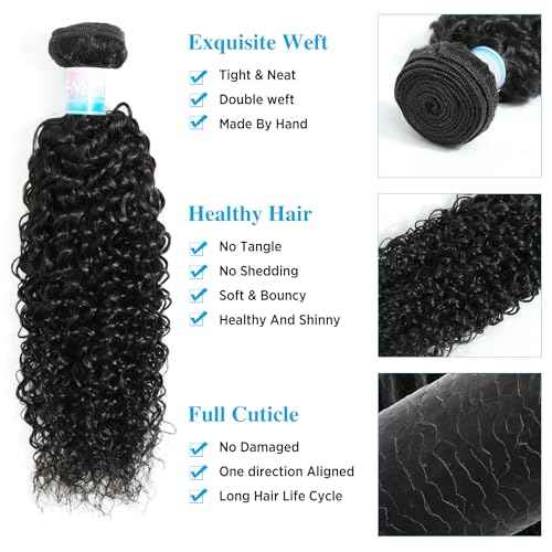 EMOL Hair Hair Extensions, 3 Kinky Curly Bundles, 14" Human Hair, Full Head, Natural Black, Weave, Virgin, Can Be Dyed, 300g, 3 Bundles