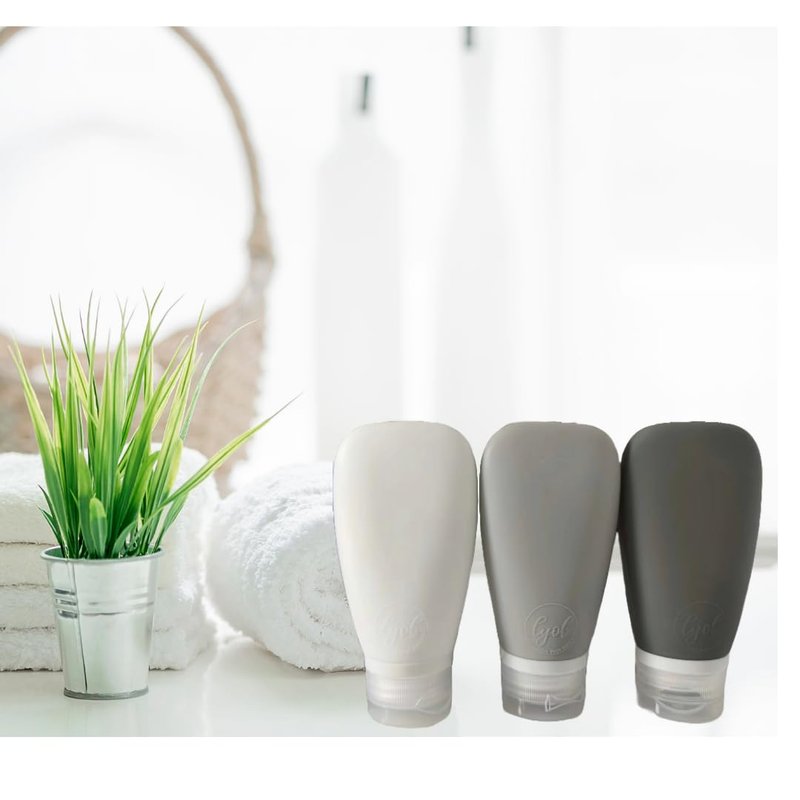 LYOB Travel Bottles for Toiletries, TSA Approved 3oz (90ml) Leak Proof Silicone Refillable Squeeze Travel Size Containers BPA Free for Cleansers, Lotions, Shampoo 3-pk (Black-Gray-White)