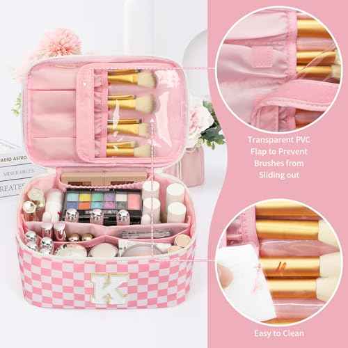 OCHEAL Makeup Bag for Women, Monogram Cosmetic Bag with Brush Holder, Pink Travel Makeup Case Beauty Toiletry Bag Organizer Personalized Gifts for Girls Bridesmaid, Sister, Wife, Friends Initial K
