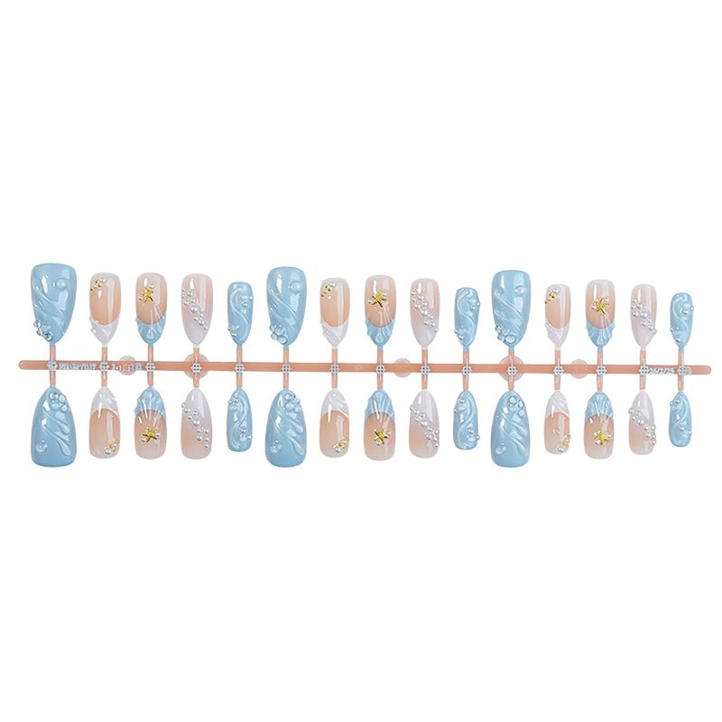 Blue French Tip Press On Nails Almond Shape Fake Nails with 3D Wave & Pearl Design, Glossy Summer Acrylic Nails for Beach, Vacation, Party & Daily Wear (30 PCS)