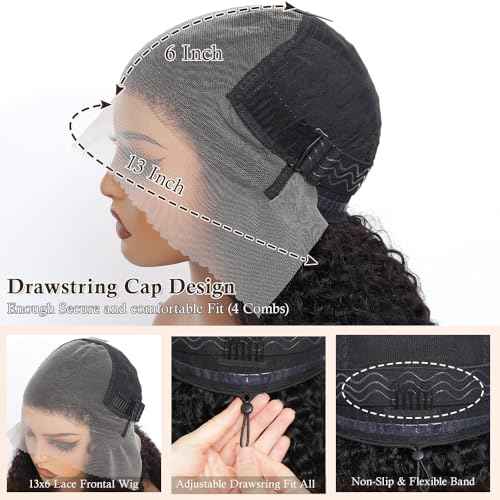 250 Density Curly Wig Human Hair With Drawstring Deep Wave Lace Front Wigs Human Hair Pre Plucked Virgin Remy Hair 5x Longer Lifespan 13x6 HD Lace Frontal Wigs Natural Black 20 Inch