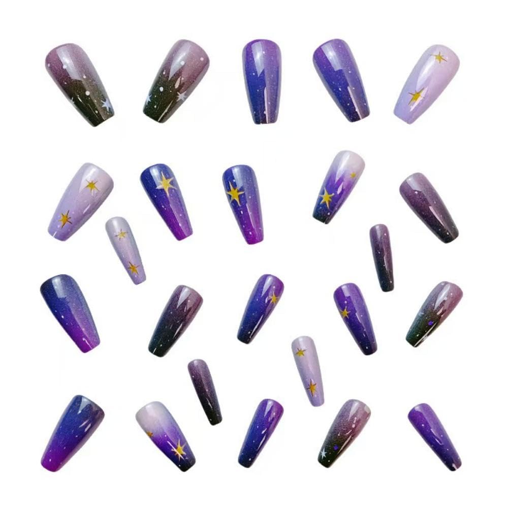 Skiennix Purple Black Ombre Coffin Press-On Nails - Medium Full Cover 24 Pcs for Stunning Manicures