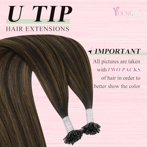 YoungSee U Tip Hair Extensions Brown Balayage U Tip Hair Extensions Human Hair Dark Brown Ombre Browns K-Tip Hair Extension Real Human Hair 24Inch Ktip Extensions for Long Hair 50s/50g