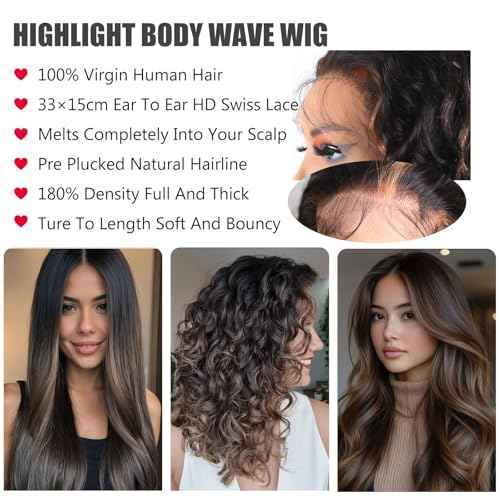 13x6 Lace Front Wigs Human Hair Balayage Highlight Ombre Body Wave Lace Front Wigs Human Hair Pre Plucked 180% Density HD Lace Glueless Wigs for Black Women 22 Inch FS1B/30