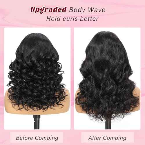 13x6 HD Lace Curtain Bangs Wig Human Hair 200% Density PartingMax Lace Wigs Bouncy Loose Wave Lace Front Wigs Human Hair Pre Cut Plucked Lace Frontal Glueless (Black Color, 16¡±)