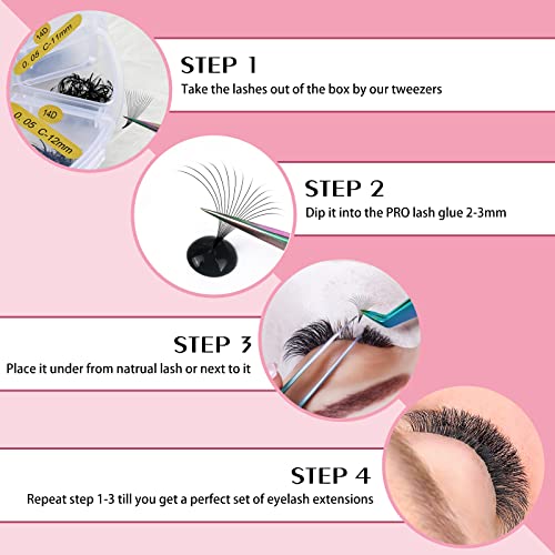 1200 Fans Premade Fans Eyelash Extensions Premade Volume Lash Extension Mixed Tray From 5D to 14D Handmade Lashes Bulk Promade Fans Soft Pointed Fans 14D-C-0.05-9-16mix