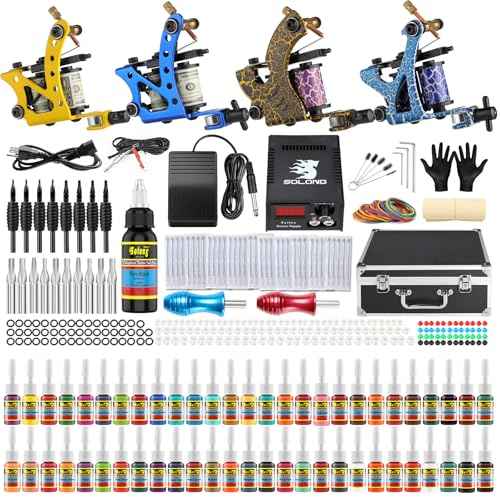 Solong Complete Tattoo Kit 4 Pro Machine Guns 54 Inks Power Supply Foot Pedal Needles Grips Tips Carry Case TK456-US£¨Machine color random£©