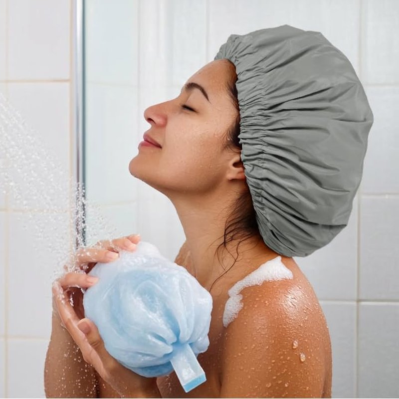 Reusable Shower Cap for Women - Large Waterproof Hair Bonnet for Long, Curly Hair | Dark Grey