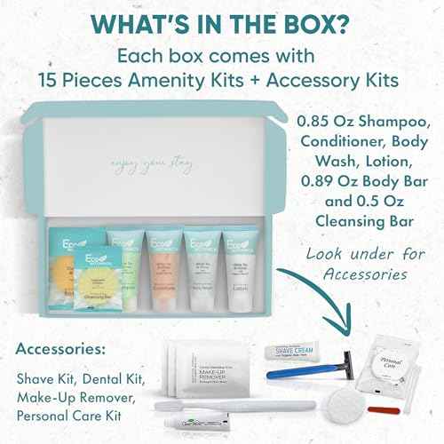 Eco Botanics Amenity & Accessory Kit | 0.85 oz Travel Size Shampoo, Conditioner, Lotion, Body Wash, Body Bar, Cleansing Bar, Shave & Dental Sets, Make-Up Remover Wipes, & Vanity Kit | 15 sets per case