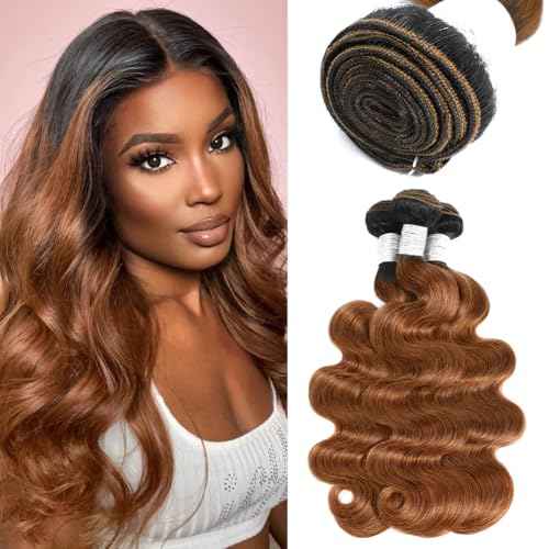 Two-Tone Ombre Honey Brown #T1B/30 Bundles Human Hair Body Wave 10 12 14 Inch, Black to Light Auburn Brown Human Hair Bundles Loose Wave Sew In Weave, 12A 100% Raw Brazilian Virgin Hair Tracks, #T30