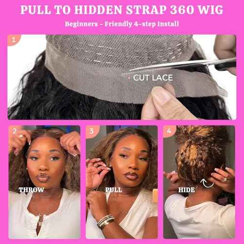 Hidden Strap 360 Deep Wave Lace Front Wigs Human Hair 180 Density Highlight Ombre HD Full Lace Front Wigs Human Hair Pre Plucked 22 Inch Drawstring Honey Blonde Wig Human Hair For Women