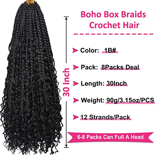 Unionbeauty 30 Inch Boho Box Braids Crochet Hair 8 Packs Boho Goddess Box Braids Crochet Hair for Black Woman Crochet Box Braids with Curly Ends Bohemian Hippie Crochet Braids Hair Extension 1B#