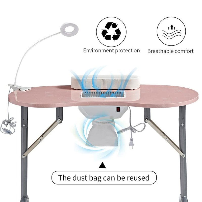 CHAOEEMY Nail Desk Portable Manicure Table, Professional Nail Table with USB-plug LED Table Lamp, Sponge Pillow, Electric Dust Collector, Carrying Bag，Pink