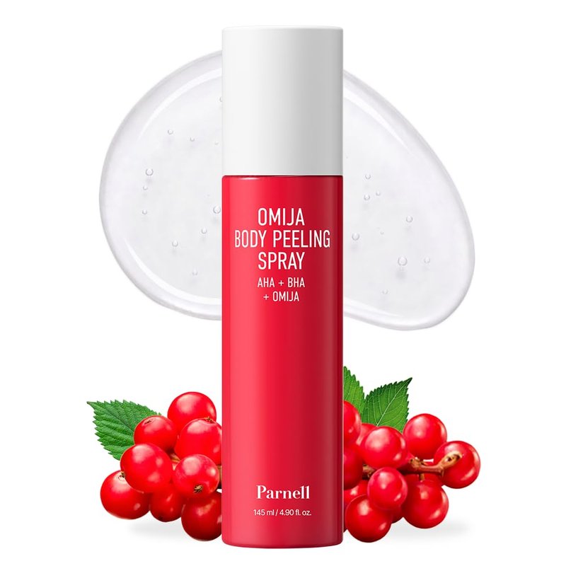 PARNELL AHA Omija Ceramic Body Peeling Spray – AHA BHA PHA Body Exfoliant for Keratosis Pilaris, Strawberry Legs, Dark Spots & Dead Skin Remover – Chemical Exfoliant, Rough Skin 4.60 fl.oz