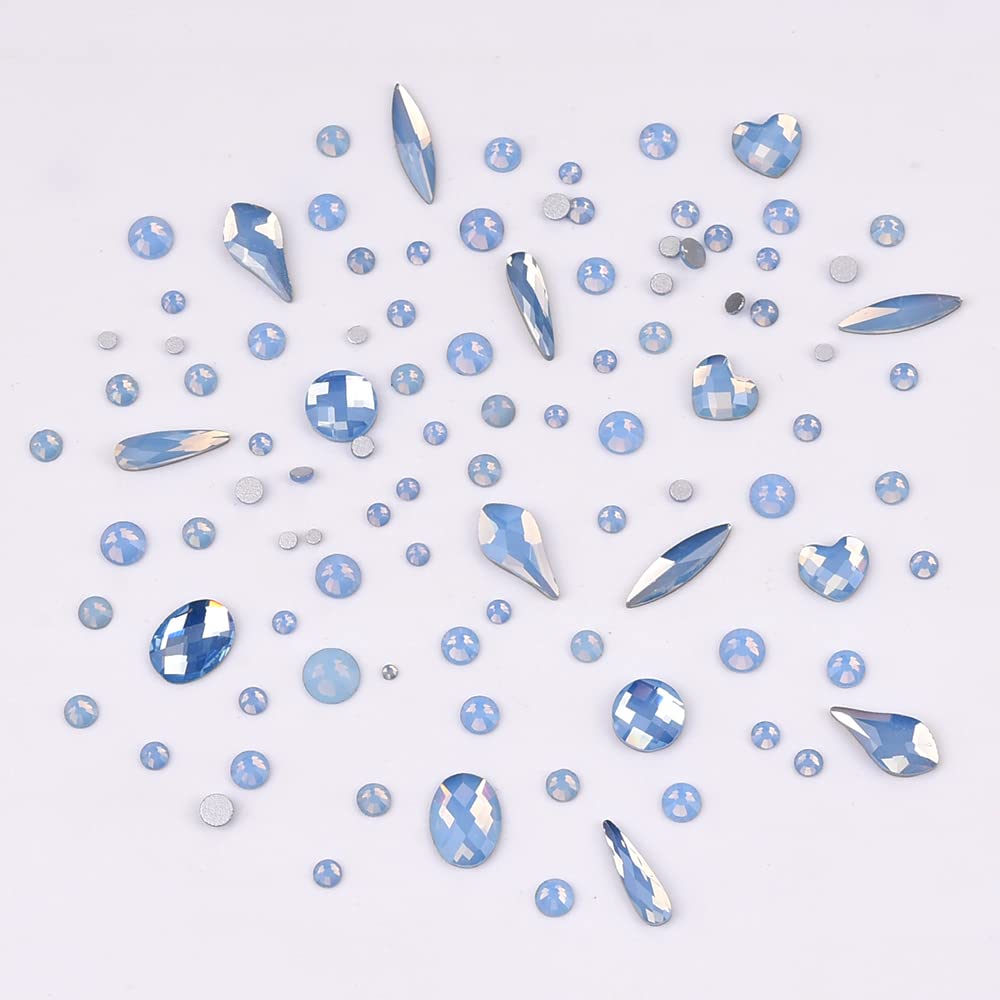 Tisslan 60pcs 6 Different Shapes Flatback Blue Opal Nail Rhinestones 480pcs Round 3D Diamond Gems Bulk Pack for Nail Design Jewels Decoration