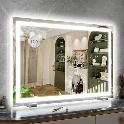 ROLOVE 32x 22 Inch Large Lighted Vanity Mirror with Dimmable 3 Modes, LED Makeup Mirror for Bathroom £¦ Dressing Room, Tabletop or Wall-Mounted, White