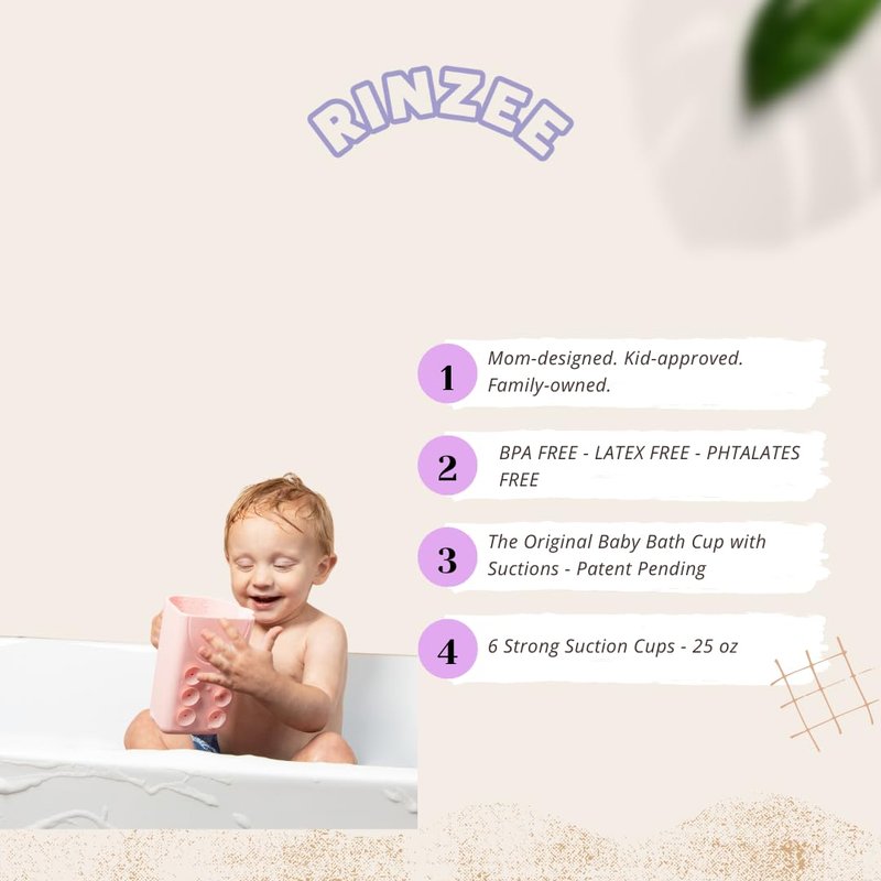 Rinzee® Baby Bath Rinse Cup with Suctions – Soft Silicone Shampoo Rinser for Kids – BPA‑Free, Drains Upside Down, Sticks to Tiles. Patent Pending