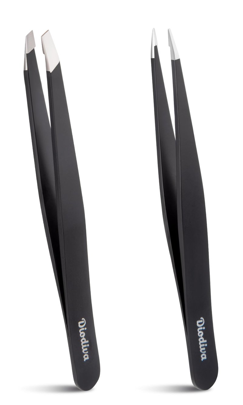 2-Pack Tweezers for Eyebrows, Facial Hair, Ingrown Hair Removal, Slant and Point Tip Tweezer Set for Women and Men, Professional Stainless Steel Precision Eyebrow Plucking Grooming with Case - Black