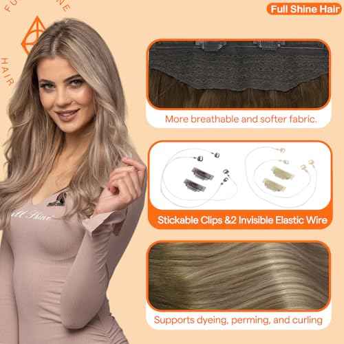 Full Shine Wire Hair Extensions Real Human Hair Balayage Walnut Brown to Light Brown Mix Light Blonde Invisible Wire Hair Extensions Natural Straight Hairpiece Remy Human Hair Extensions 18 Inch 80g