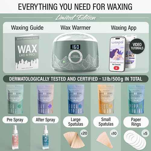 Tress Wellness Waxing Kit for Sensitive Skin ? Safe for Face & Skin, Prep & Aftercare Spray, Easy to Use ? At-Home Kit for Face, Bikini, Brazilian & Full Body - Digital Display, Green Mountain