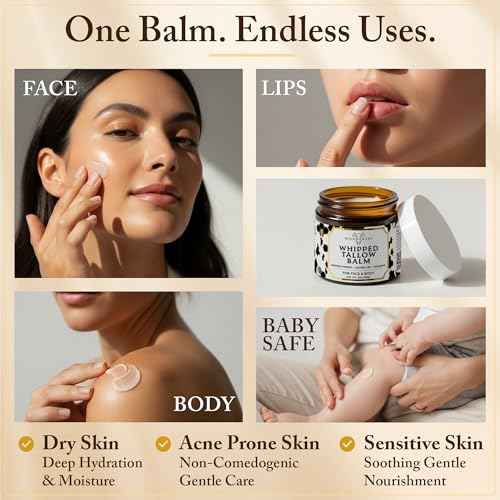 Beef Tallow for Skin & Face ? Whipped Tallow & Honey Balm ? 100% Grass Fed Tallow Face Moisturizer with Mango Butter, Jojoba Oil, Vitamin E ? Organic Beef Tallow Balm for Dry Skin & Wrinkles ? 3 oz