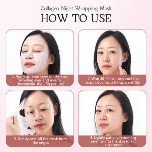 Collagen Night Wrapping Mask for Glowing Skin, Collagen Overnight Wrapping Peel Off Facial Mask for Elasticity Hydration, Reduce Sagging Dullness, 2.65 fl.oz, Pink(Brush Included)