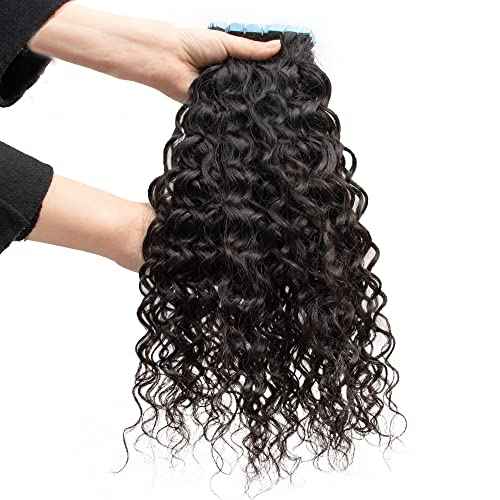 28Inch Long Tape in Hair Extensions for Women Water Wave Human Hair Skin Weft Seamless Invisible PU Tape Double Sided 50g 20pcs/Pack Adhesive Curly Hair 4-6 Packs for Full Head
