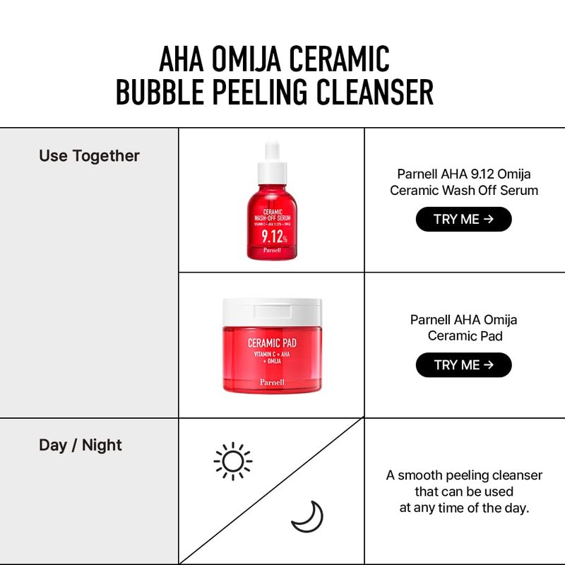 Parnell AHA Omija Ceramic Bubble Peeling Cleanser 6.08 fl oz | 2-in-1 Exfoliating & Pore Cleansing Foam | Sebum Control Gommage Texture | Smooth Clear Look K-Beauty