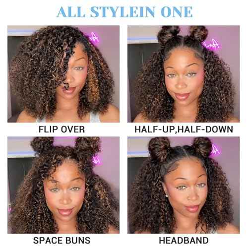 4/27 Kinky Curly Half Wig Human Hair 200 Density 3 In 1 Seamless Flip Over Glueless Wigs Human Hair Wear and Go Curly Wig Human Hair Drawstring Headband Wig for Women 22 Inch
