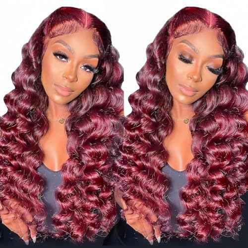 99j Loose Wave Lace Front Wigs Human Hair Pre Plucked Burgundy Loose Deep Wave 13x4 Hd Lace Front Wigs Human Hair for Women 180% Density 99j Burgundy Glueless Deep Wave Wig 22 Inch