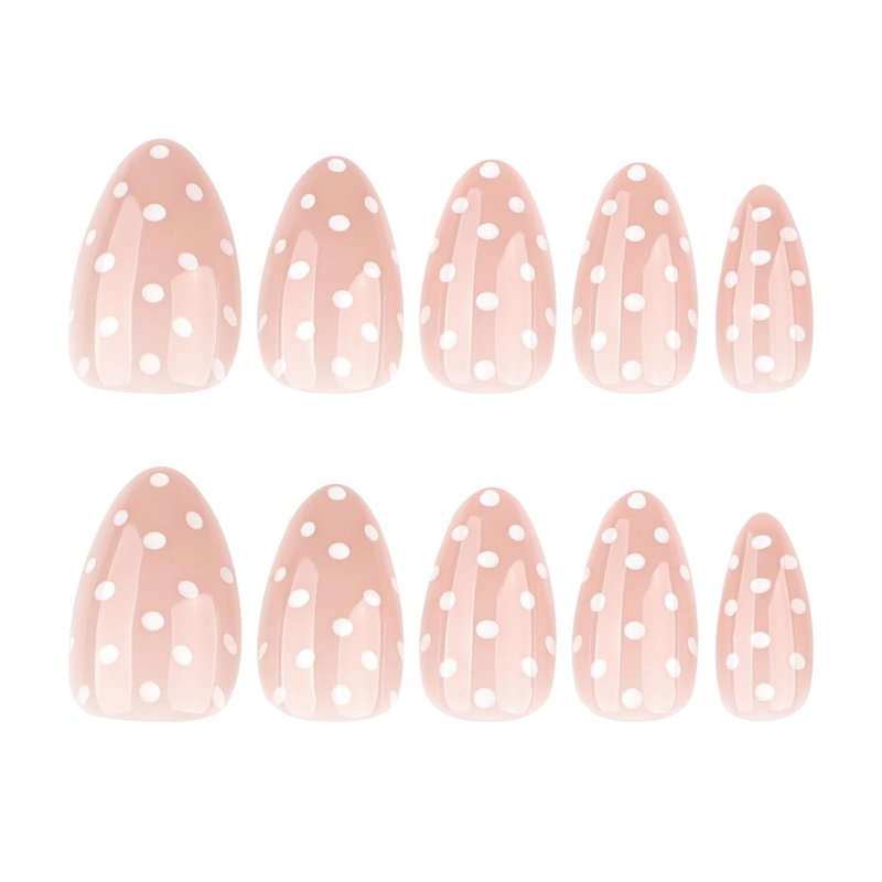 Polka Dot Press-On Nails - Short Almond Fake Nails with White Dots | Glossy Finish | 30 Pcs Set