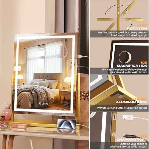Hasipu Vanity Mirror with Lights, 17" x 22" LED Makeup Mirror, Light up Mirror with Smart Touch 3 Color Modes and Brightness Adjustment, 10X Magnifying Glass,360¡Æ Rotation (Gold)